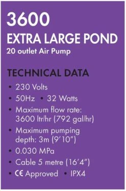 Blagdon Pond Oxygenator 3600 Air Pump - 1010849 -Water Garden Kit blagdon 3600 oxygenator tech spec 1010849